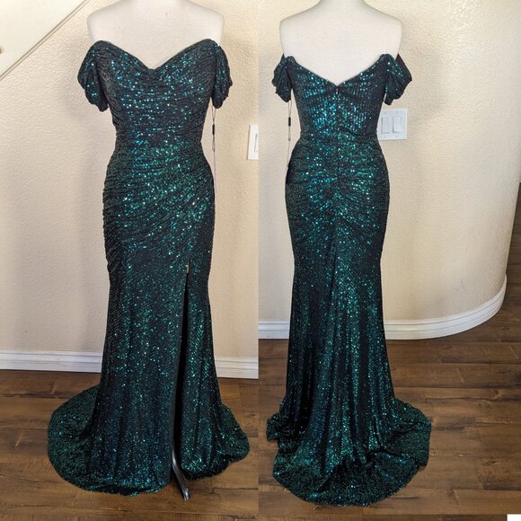 Emerald Green Sequined Off the Shoulder Formal Wedding Prom Dress 2 - Picture 1 of 4